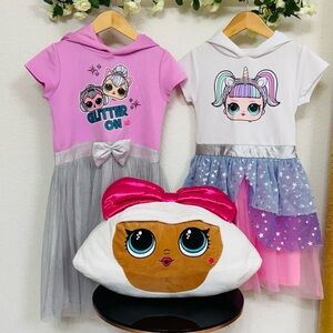 LOL • 3 Piece Lot in Sparkly Tulle Hooded Dresses + Plush Pillow
